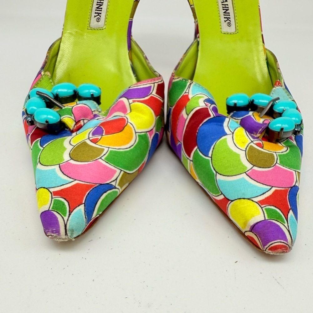 Manolo Blahnik Blue Green Multicolor Atomica Turquoise Buckle Mule pumps EU 37 - Picture 6 of 9